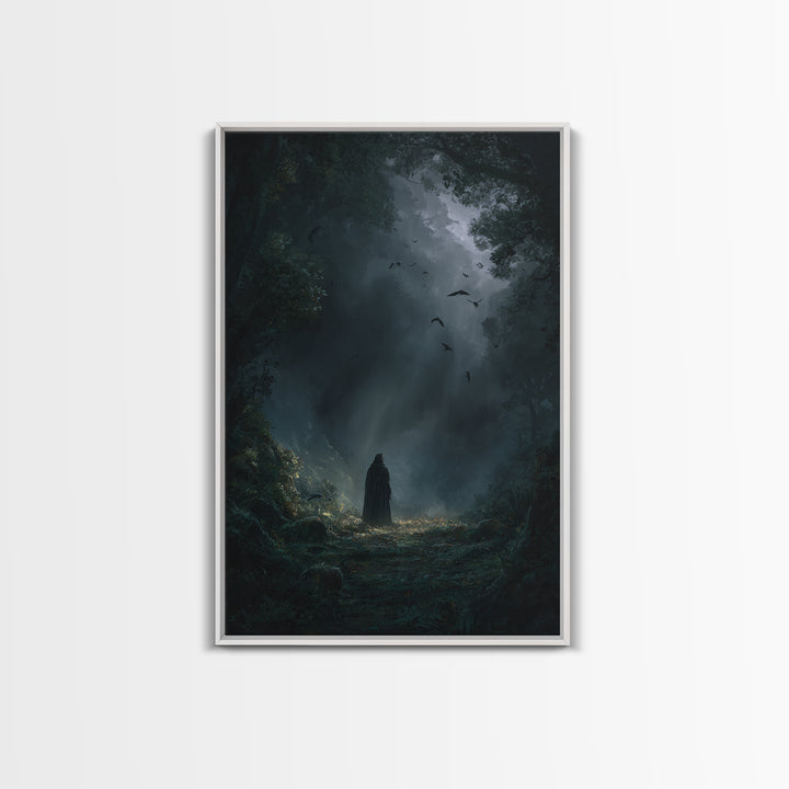 Cloaked Figure In Dark Forest Wall Art, Gothic Fantasy Canvas Print, Moody Nature Decor, Dark Academia Bedroom Wall Decor