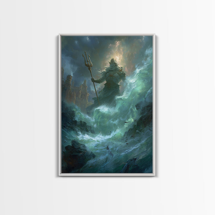 Colossal Sea God With Trident Canvas Print, Mythological Ocean Wall Art, Fantasy Seascape Decor, Dramatic Coastal Gift For Him