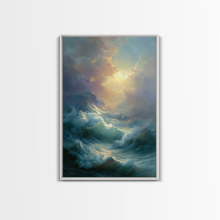 Stormy Ocean Wave Wall Art, Dramatic Seascape Oil Painting, Coastal Canvas Decor For Living Room And Beach House Gift Idea