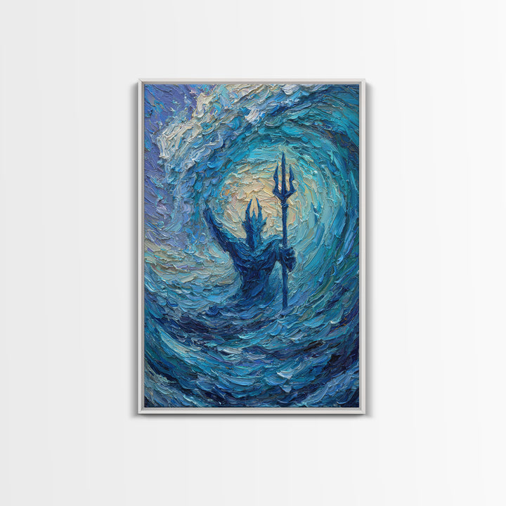 Sea God With Trident In Turquoise Wave Canvas Print, Poseidon Ocean Wall Art For Coastal Living Room Decor And Mythology Art Gift