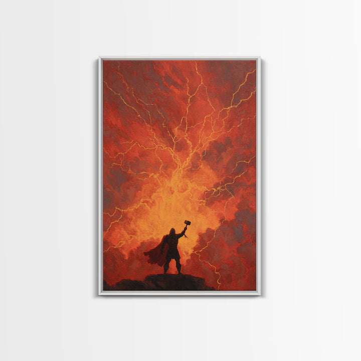 Thor Hammer Lightning Wall Art, Norse Mythology Storm Painting, Dramatic Red Sky Canvas Decor For Fantasy Home Office Gift