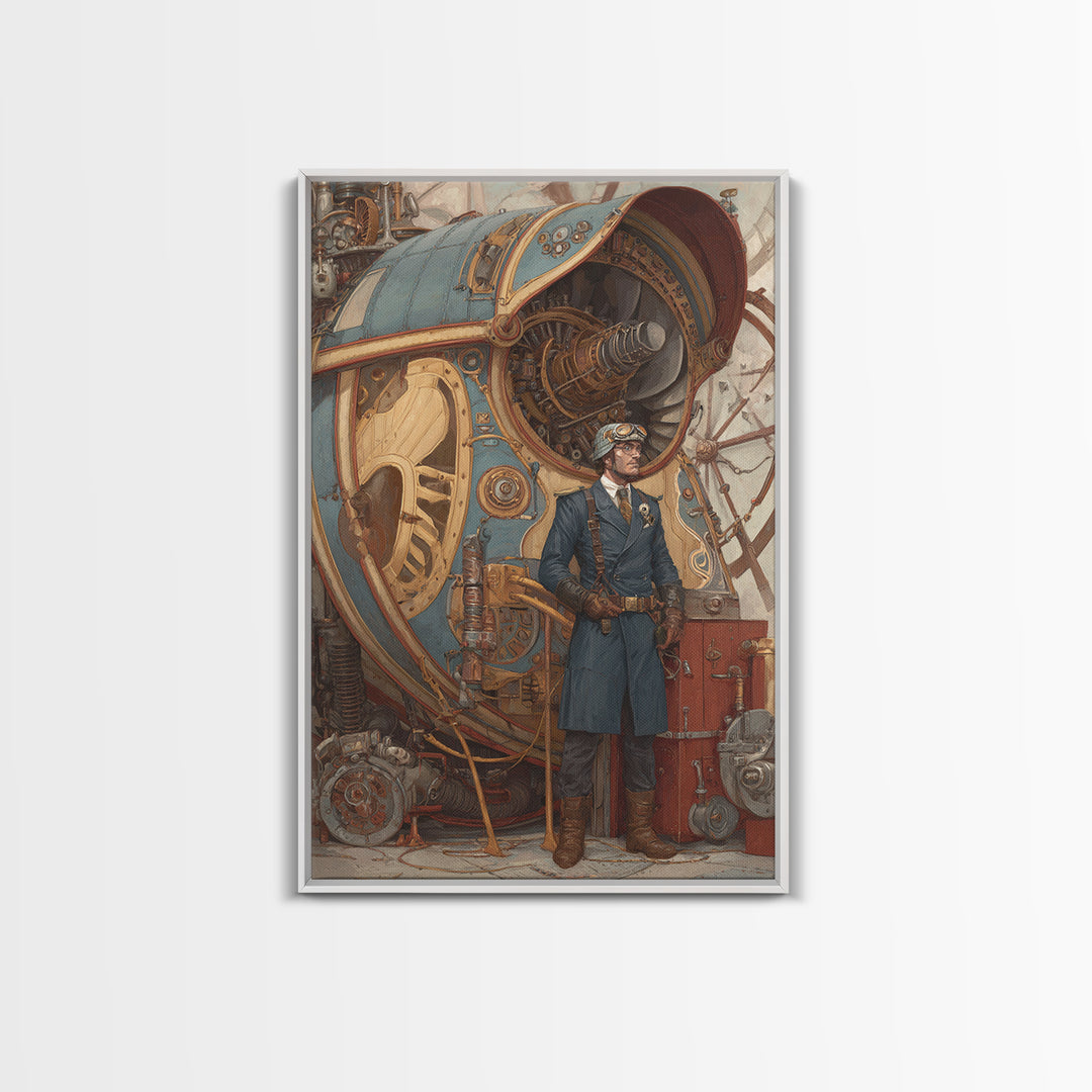 Steampunk Aviator Beside Airship Engine Framed Canvas Print, Industrial Wall Decor, Fantasy Art, Office Decor, Gift For Him