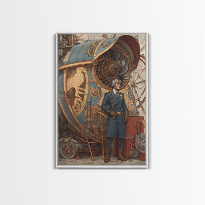 Steampunk Aviator Beside Airship Engine Framed Canvas Print, Industrial Wall Decor, Fantasy Art, Office Decor, Gift For Him