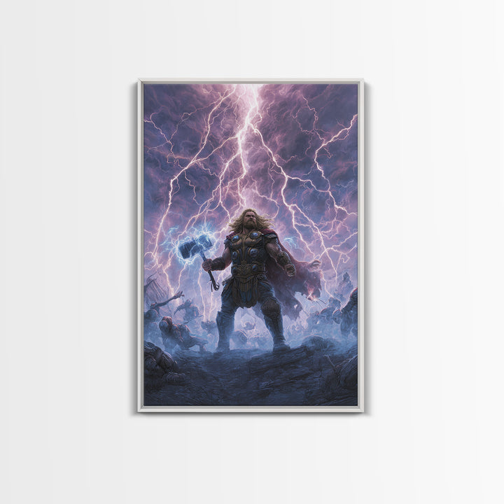 Thunder Warrior With Hammer In Lightning Storm Wall Art, Norse Mythology Canvas Print, Viking Decor, Epic Fantasy Gift For Him