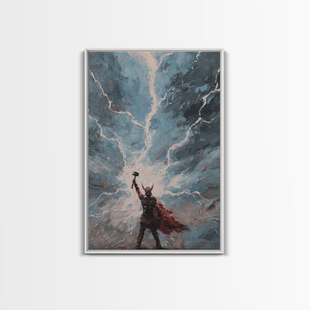 Norse Thunder Warrior Raising Hammer Wall Art, Lightning Storm Canvas Print For Fantasy Decor And Mythology Gift For Him