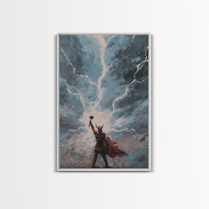 Norse Thunder Warrior Raising Hammer Wall Art, Lightning Storm Canvas Print For Fantasy Decor And Mythology Gift For Him