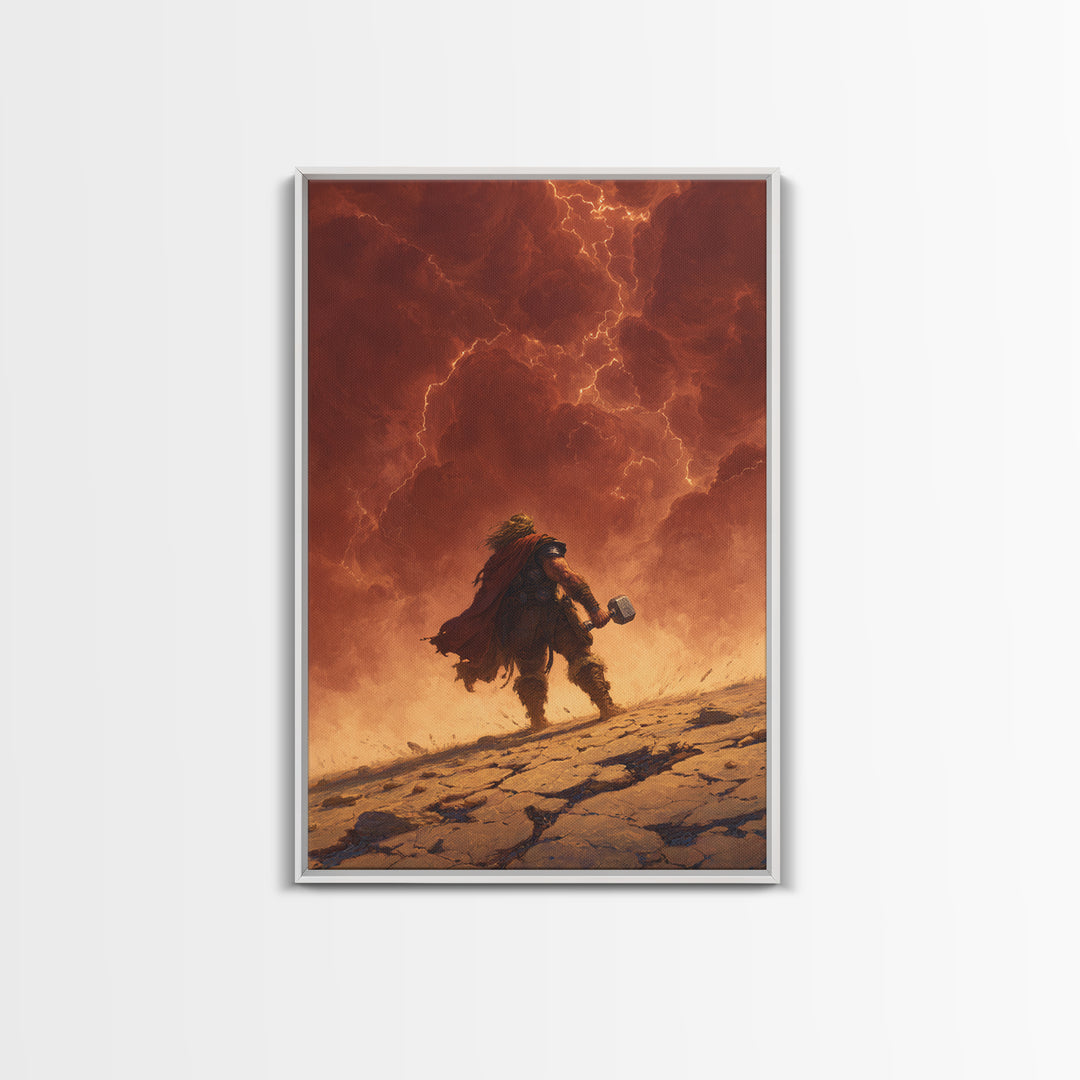 Epic Norse Thunder Warrior Under Fiery Sky Wall Art, Mythic Hammer Canvas Print, Dramatic Viking Fantasy Decor, Gift For Him