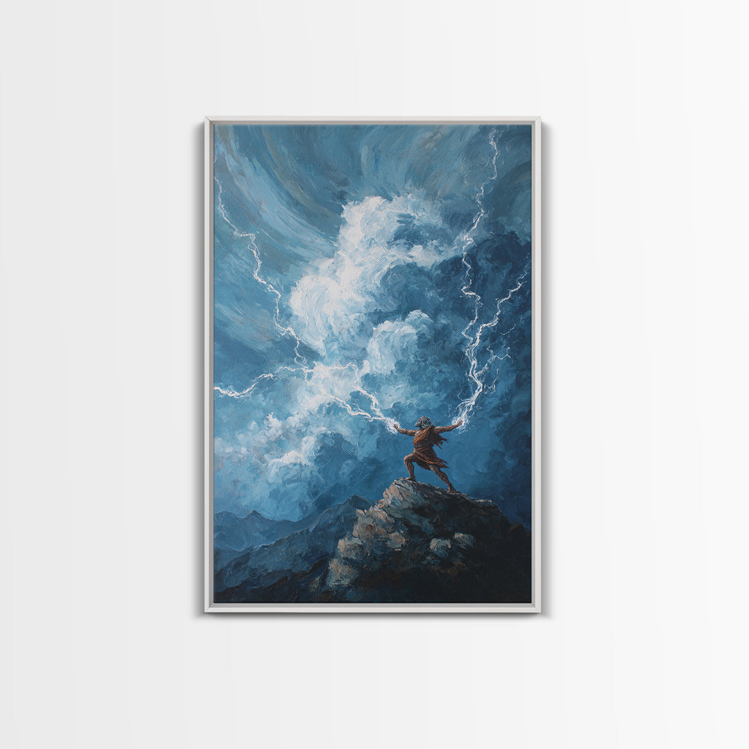 Tiny Warrior On Mountain Summoning Lightning Wall Art, Epic Storm Canvas Print For Fantasy Landscape Decor And Gift For Him
