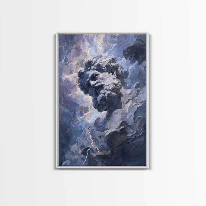 Classical Marble God In Thunder Clouds Framed Canvas Print, Mythology Wall Art, Dramatic Storm Decor, Dark Academia Gift