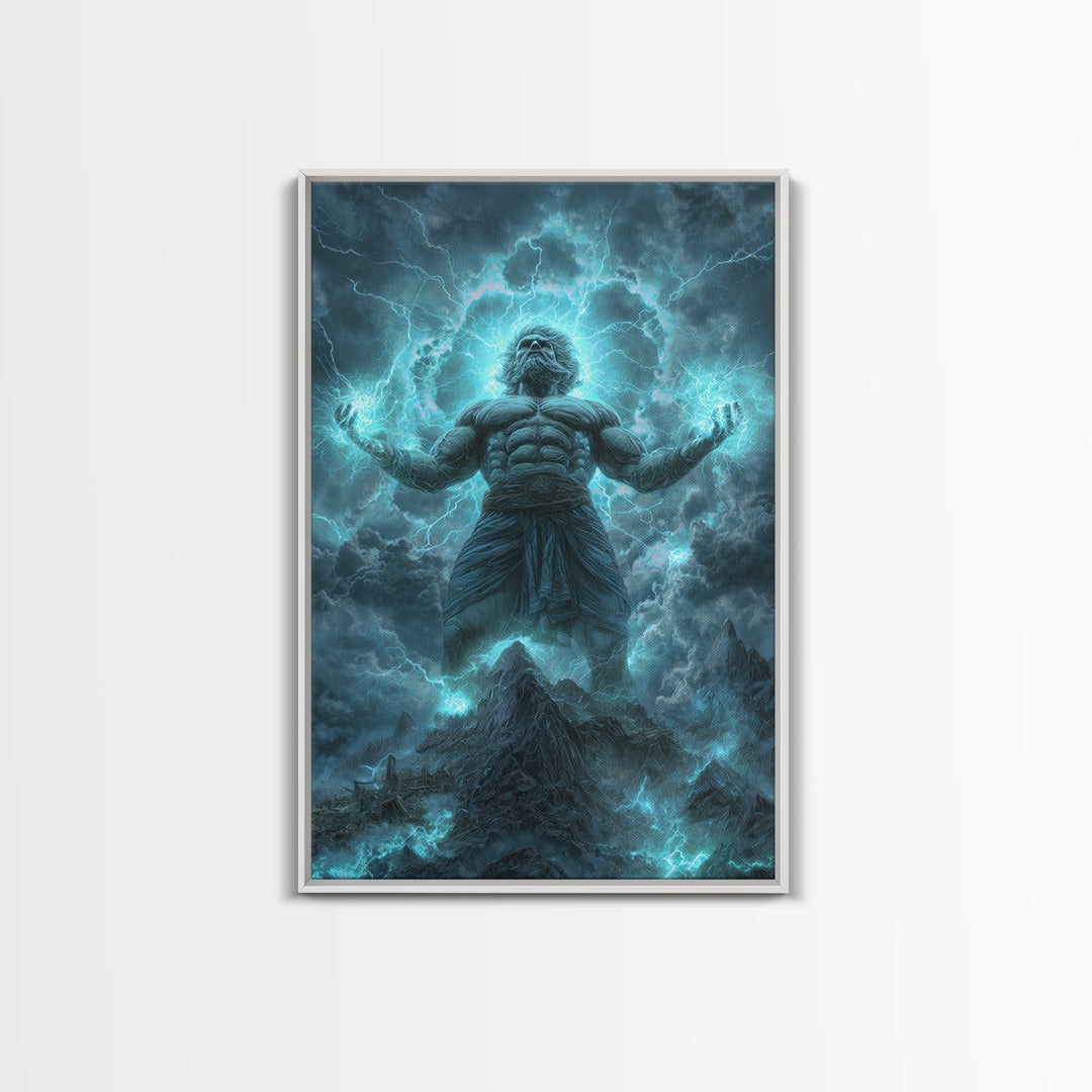Titan Storm God Above Mountains Wall Art, Mythological Lightning Canvas Print, Fantasy Landscape Decor, Powerful Gift For Him