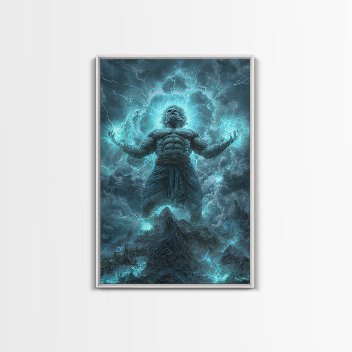 Titan Storm God Above Mountains Wall Art, Mythological Lightning Canvas Print, Fantasy Landscape Decor, Powerful Gift For Him