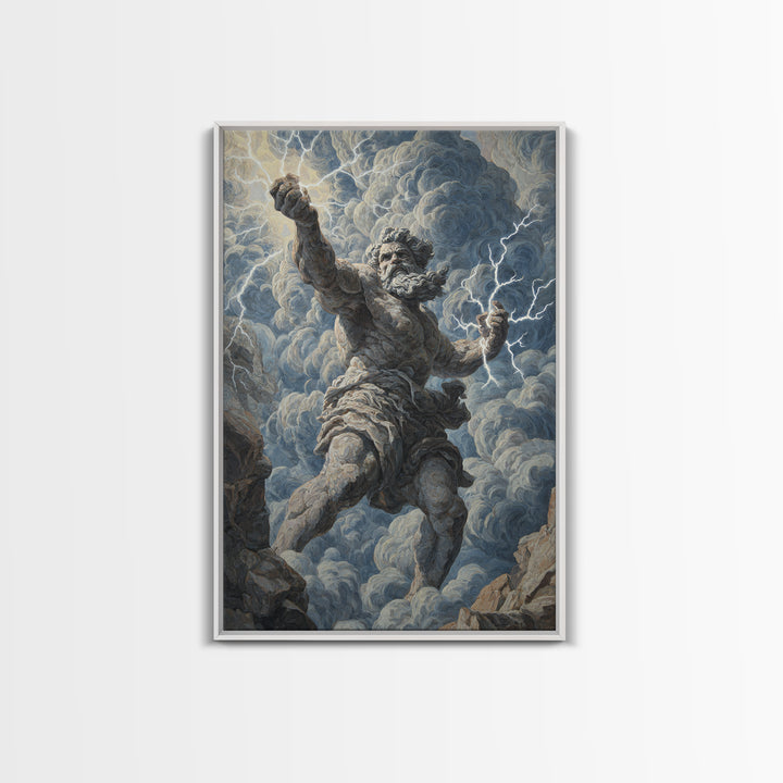 Zeus Lightning God Wall Art, Greek Mythology Statue Painting, Dramatic Storm Clouds Canvas Decor For Classical Home Gift