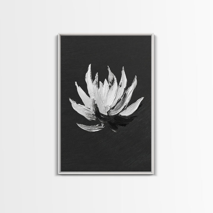 Black and White Oil Painting of Lotus Flower Minimalist Wall Art Original Canvas Print for Modern Home Decor