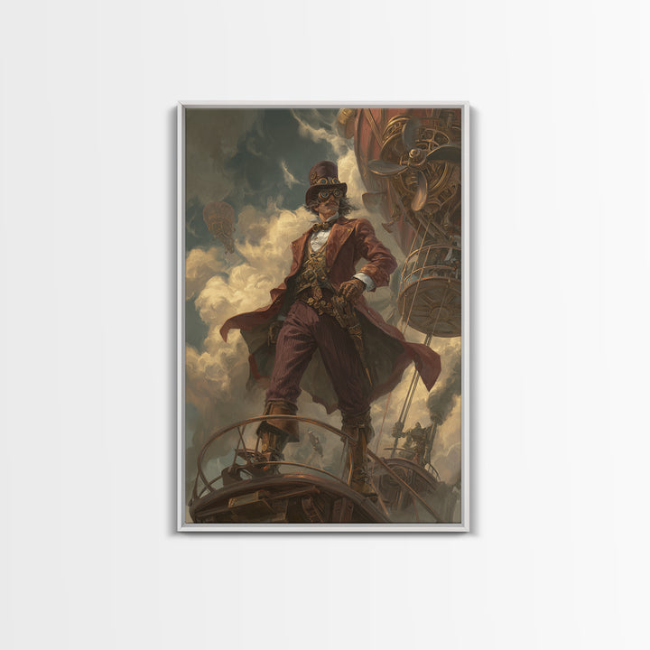 Airship Captain In Storm Clouds Canvas Print, Steampunk Fantasy Art, Industrial Wall Decor, Masculine Office Decor, Gift For Him