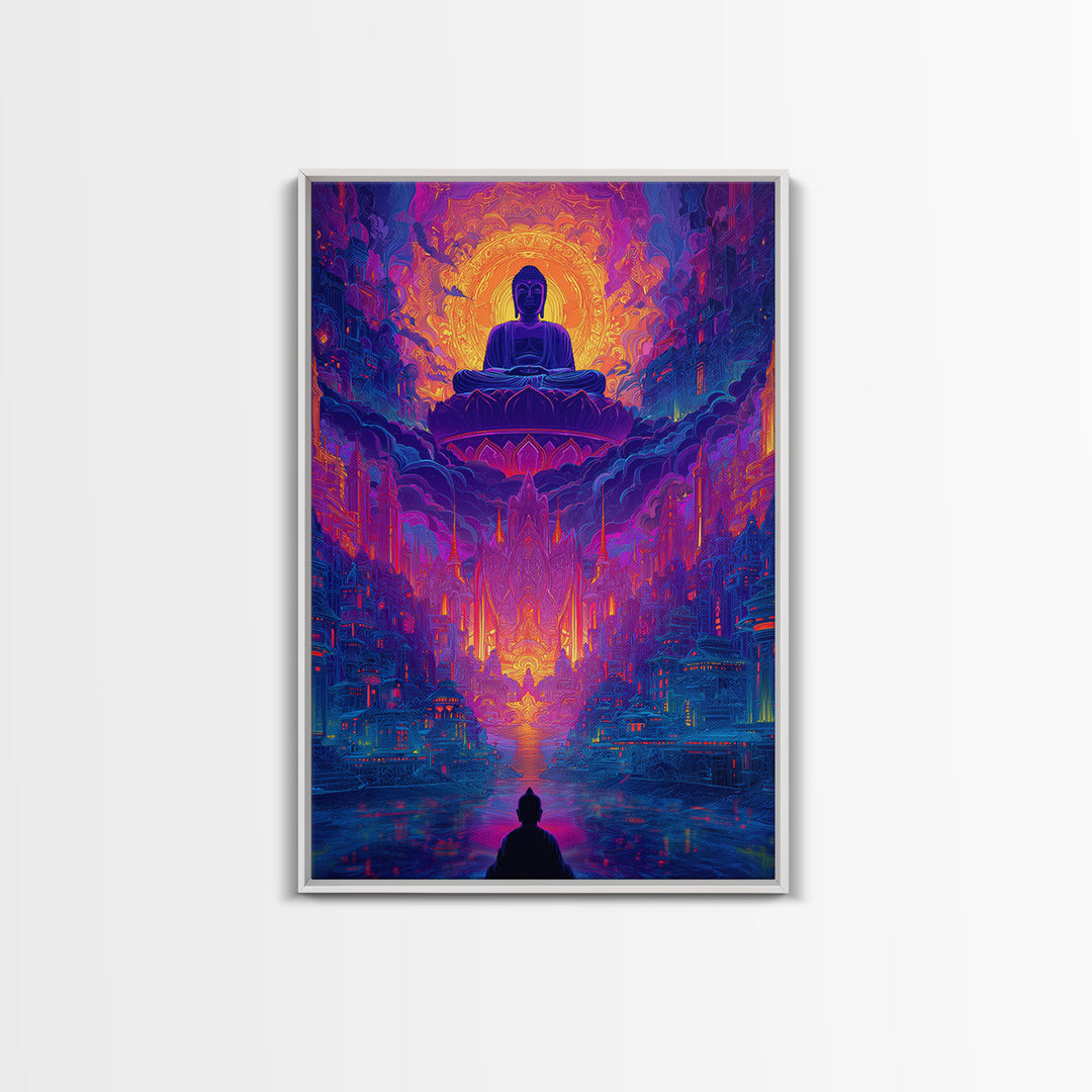 Vibrant Spiritual Buddha Cityscape With Radiant Glow Wall Art Modern Home Decor