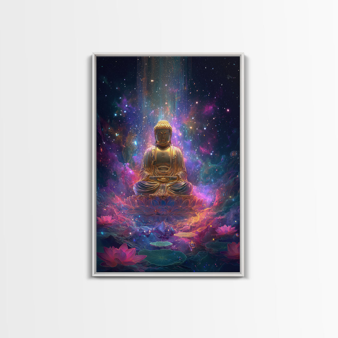 Colorful Glowing Golden Buddha In Cosmic Space Spiritual Wall Art Framed Canvas Print For Home