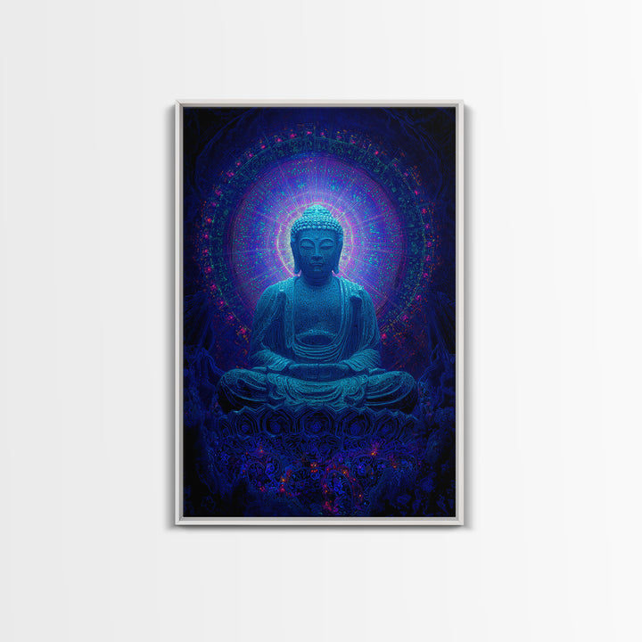 Mystical Blue Buddha Statue With Radiant Halo Spiritual Wall Art Framed Canvas Print For Meditation Room Decor