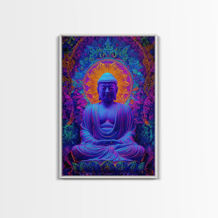 Vibrant Psychedelic Buddha Meditation Digital Painting Modern Wall Art Framed Canvas Print Spiritual Decor