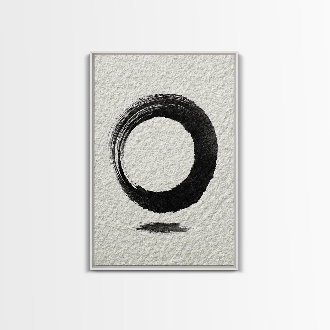 Minimalist Black Ink Circle Zen Enso Brushstroke Wall Art On Textured Paper Abstract Art Framed Canvas Print For Home Office Decor