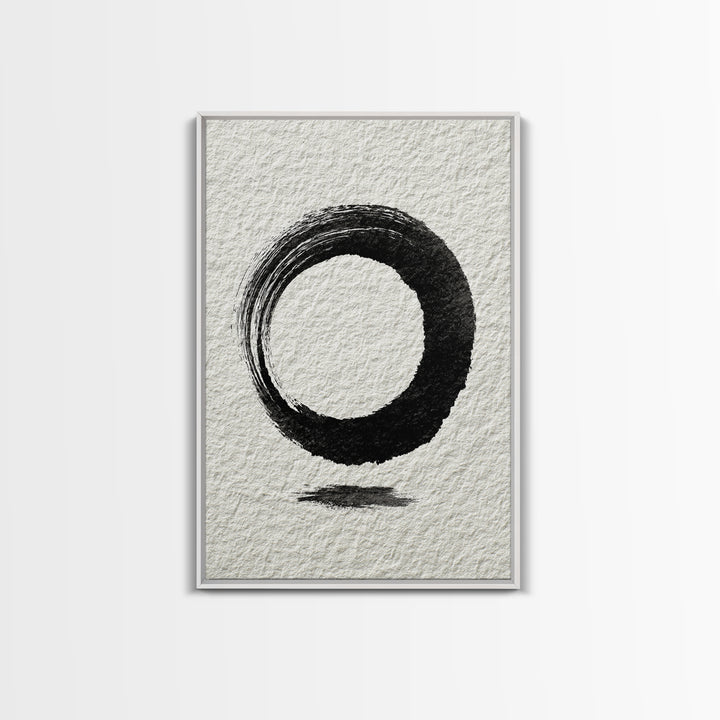 Minimalist Black Ink Circle Zen Enso Brushstroke Wall Art On Textured Paper Abstract Art Framed Canvas Print For Home Office Decor