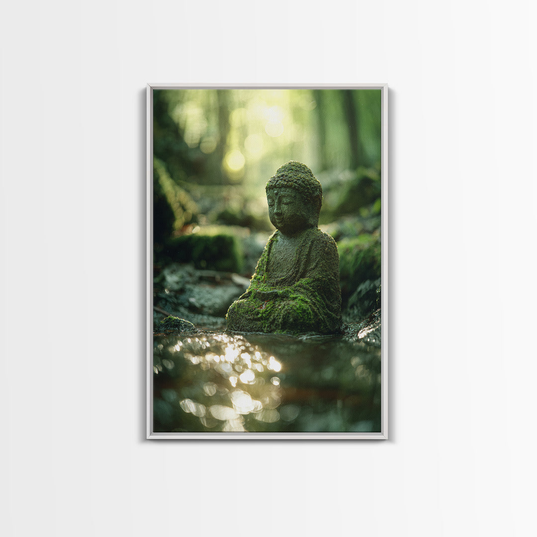 Serene Moss covered Buddha Statue Meditation Forest Wall Art Framed Canvas Print For Zen Home Decor