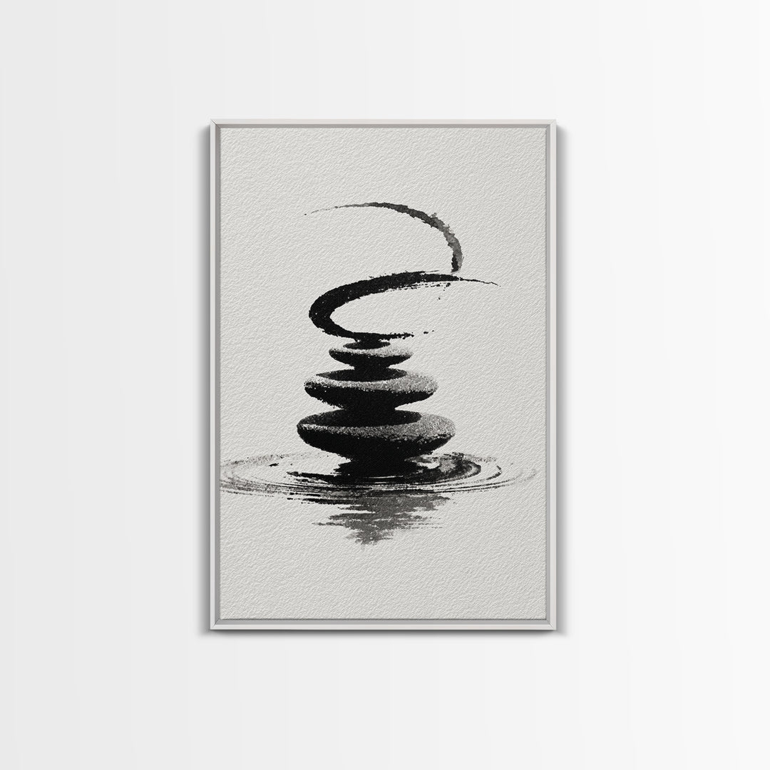 Zen Black And White Inkwash Painting Of Stacked Stones With Circle And Ripples Minimalist Wall Art For Office Decor Canvas Print