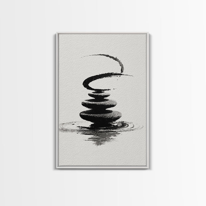 Zen Black And White Inkwash Painting Of Stacked Stones With Circle And Ripples Minimalist Wall Art For Office Decor Canvas Print