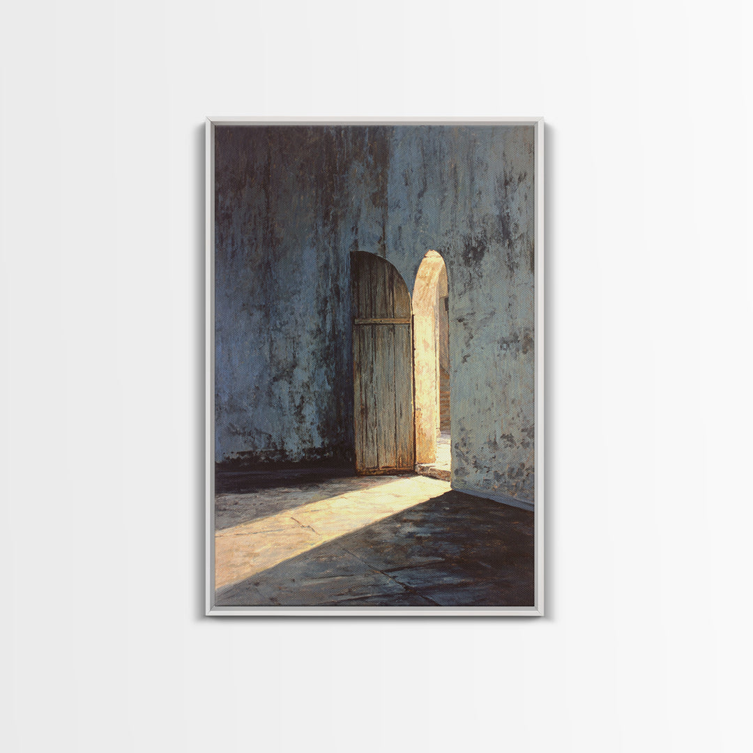 Sunlit Rustic Wooden Doorway In Textured Blue Wall Original Oil Painting Wall Art Framed Canvas Print Historic Architectural Art Print