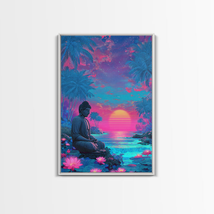 Vibrant Sunlit Buddha Amid Tropical Plants Calm Spiritual Wall Art Canvas Print For Meditation Room or Bedroom Decor