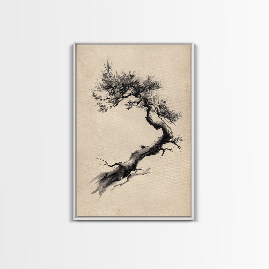 Elegant Black Ink Brush Style Bonsai Tree On Textured Natural Paper Minimalist Botanical Wall Art Print