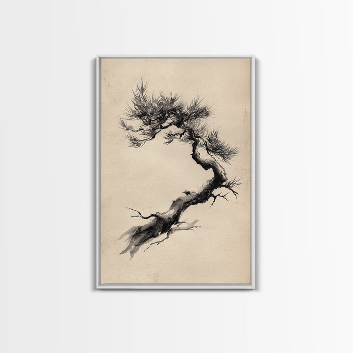 Elegant Black Ink Brush Style Bonsai Tree On Textured Natural Paper Minimalist Botanical Wall Art Print