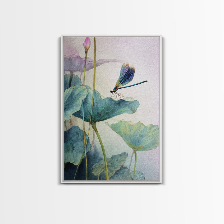 Elegant Watercolor Painting Of Dragonfly On Lotus Leaves With Soft Pastel Background Abstract Art Print Wall Art