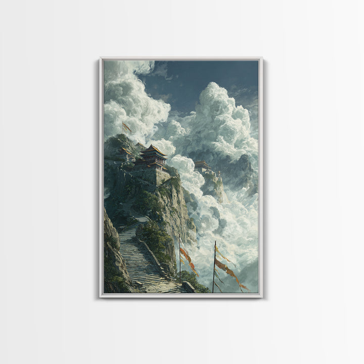 Epic Mountainous Landscape With Towering Clouds And Ancient Temple Original Scenic Wall Art Framed Canvas Print Dramatic Nature Painting