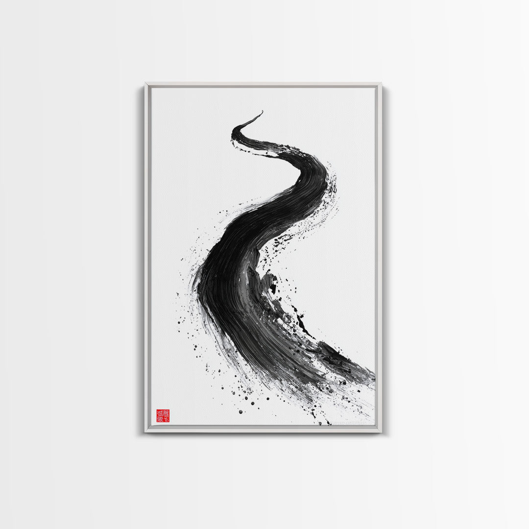 Dynamic Abstract Black Ink Brush Stroke Flow Calligraphy Art Print Minimalist Wall Art For Modern Home Decor Framed Canvas Print