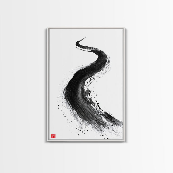 Dynamic Abstract Black Ink Brush Stroke Flow Calligraphy Art Print Minimalist Wall Art For Modern Home Decor Framed Canvas Print