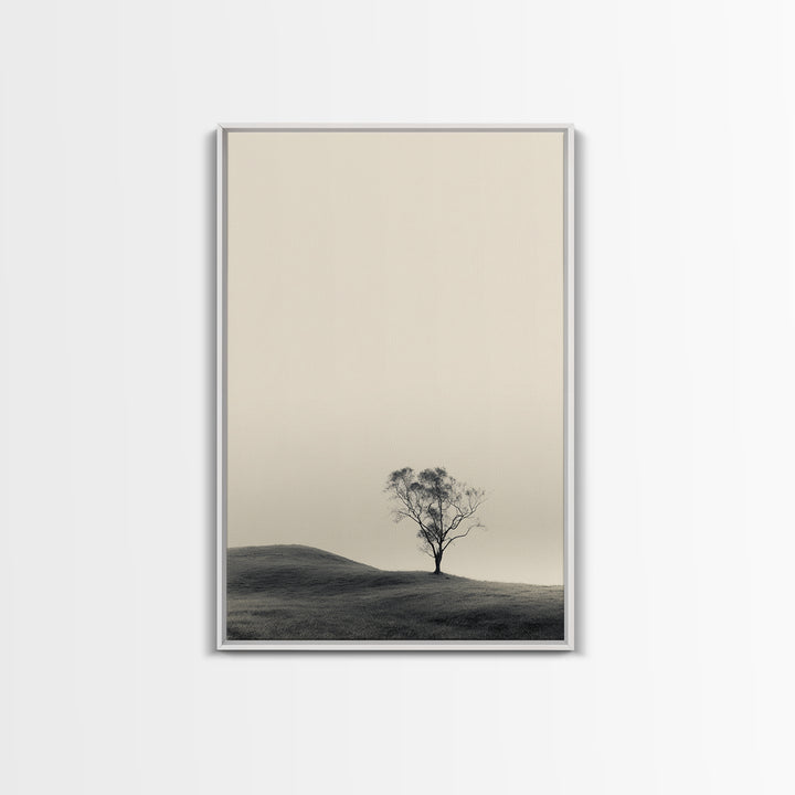 Solitary Tree Landscape Black White Minimalist Nature Wall Art Print Framed Canvas Print For Modern Home Decor