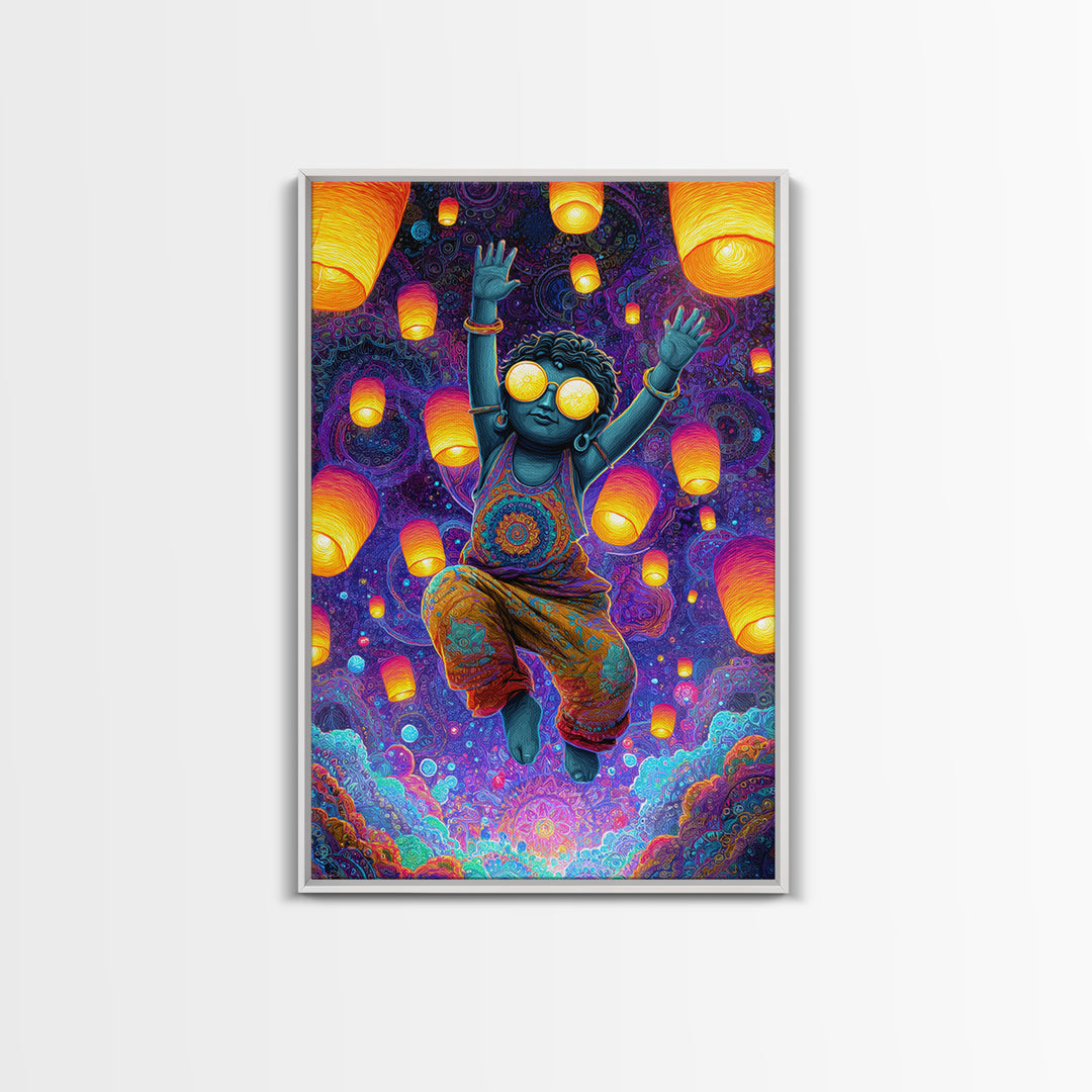 Joyful Blue Child With Lanterns Colorful Abstract Painting Wall Art For Kids Room