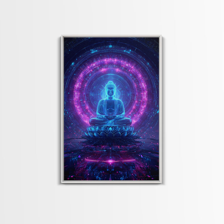 Futuristic Buddha Neon Cyber Meditation Spiritual Wall Art Framed Canvas Print for Modern Zen Home Decor