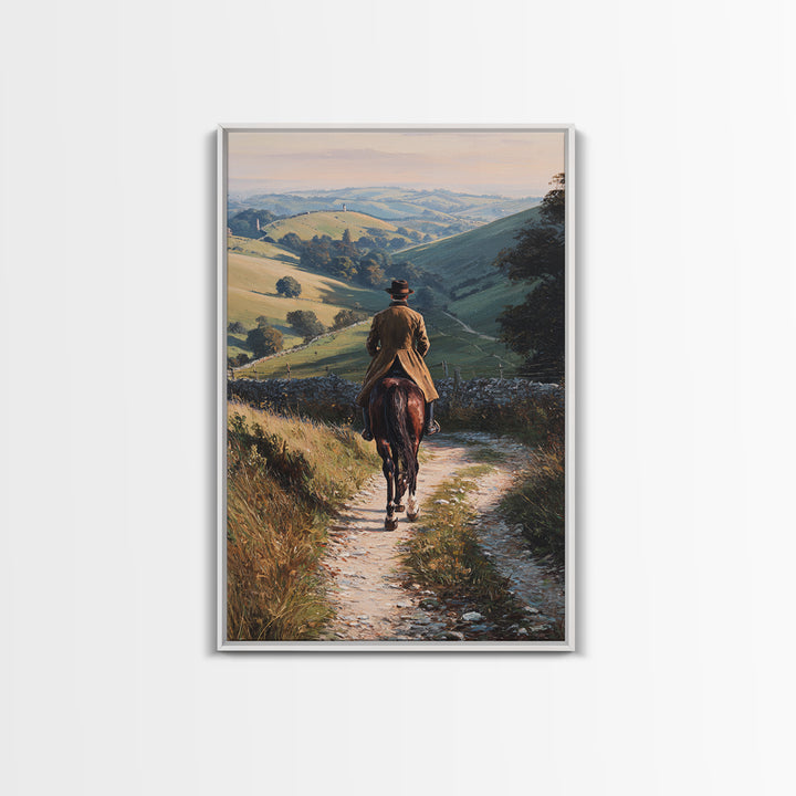 Equestrian Rider On Country Lane Framed Canvas Print, Rolling Hills Landscape Art, Horse Wall Decor, Rustic Farmhouse Decor