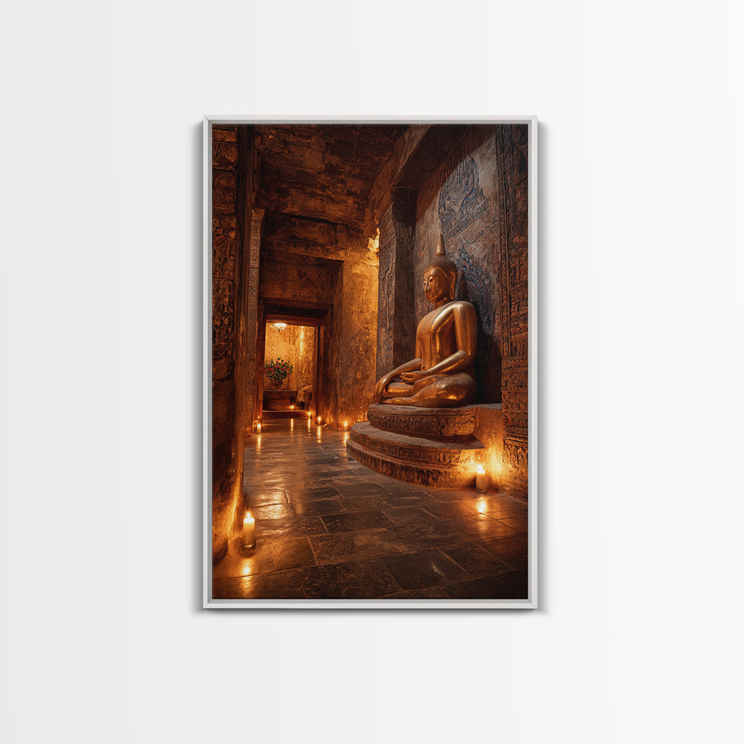 Ancient Temple Buddha Statue Lit By Candlelight Mystical Wall Art Canvas Print Sacred Asian Home Decor