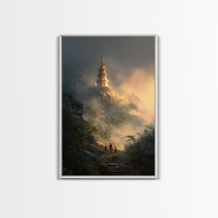 Mystical Misty Mountain Temple Landscape Wall Art Canvas Print For Spiritual Home Decor And Calming Living Room Decoration