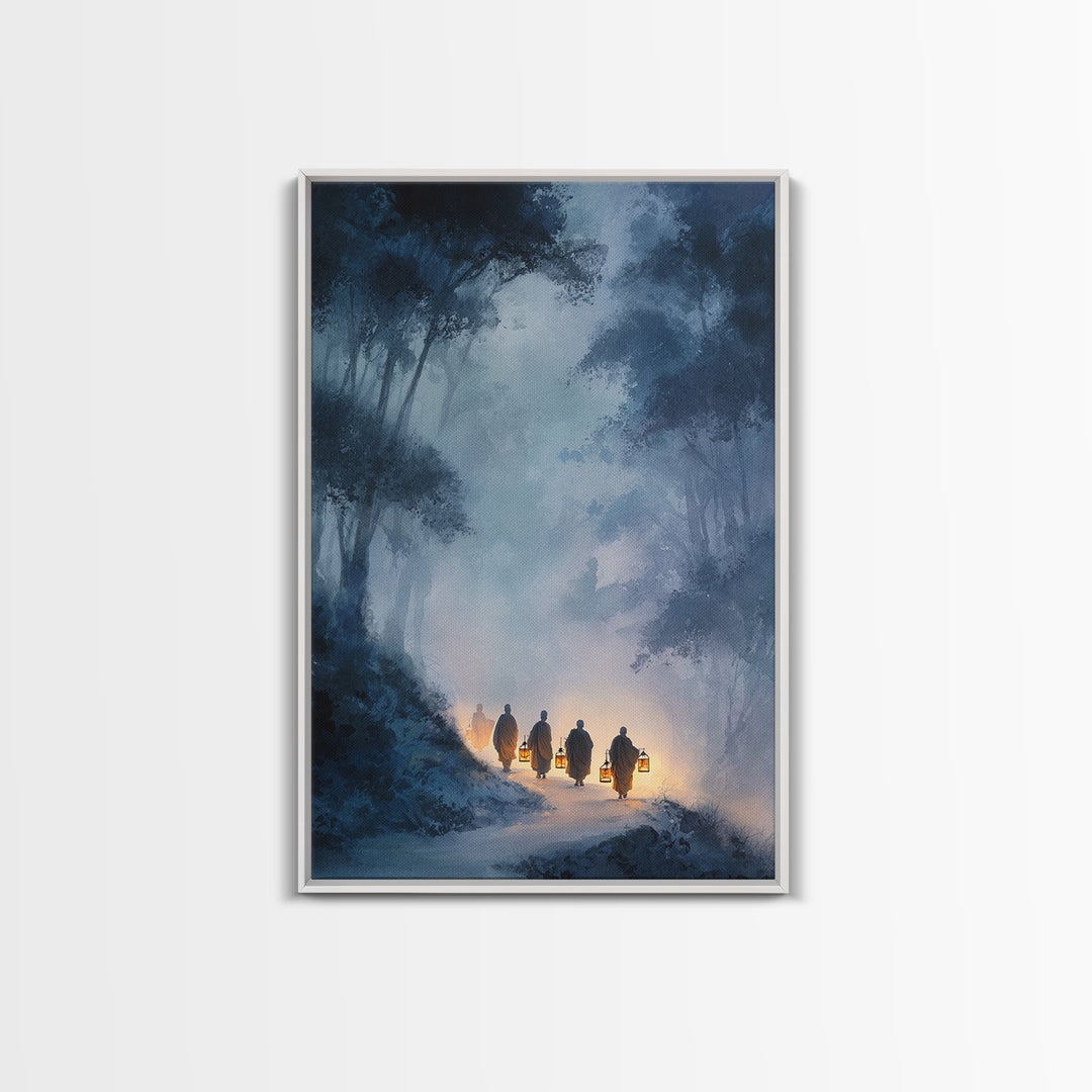 Mystical Buddhist Monks Carrying Lanterns Through Misty Forest Path Wall Art Print For Tranquil Home Decor