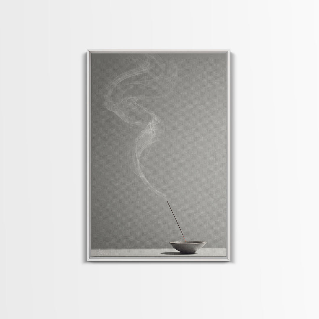 Mystical Incense Stick With Smoke Swirls On Minimalist Gray Background Canvas Print For Relaxation Spaces