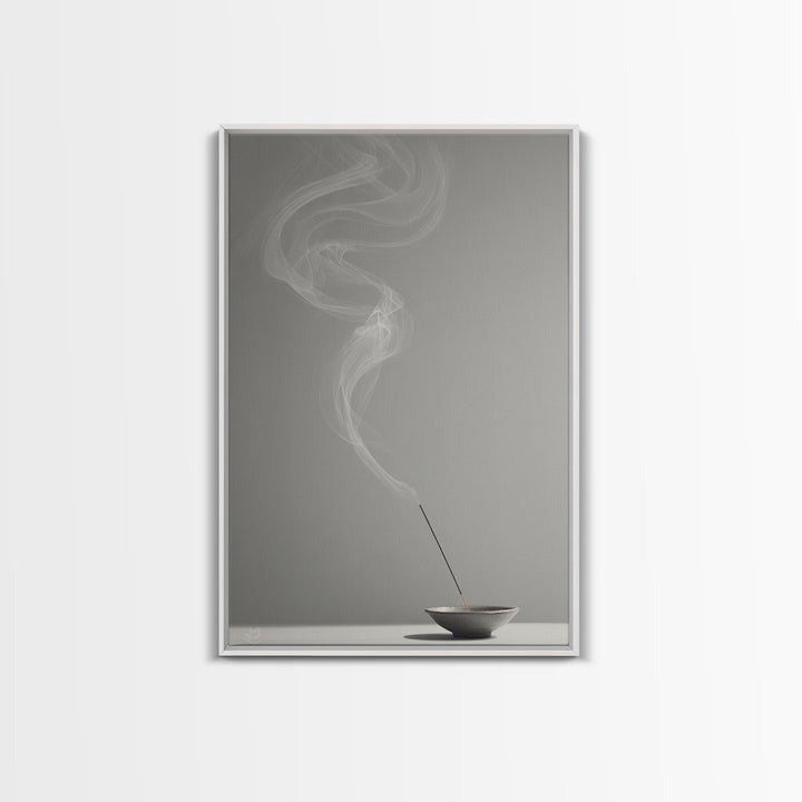 Mystical Incense Stick With Smoke Swirls On Minimalist Gray Background Canvas Print For Relaxation Spaces
