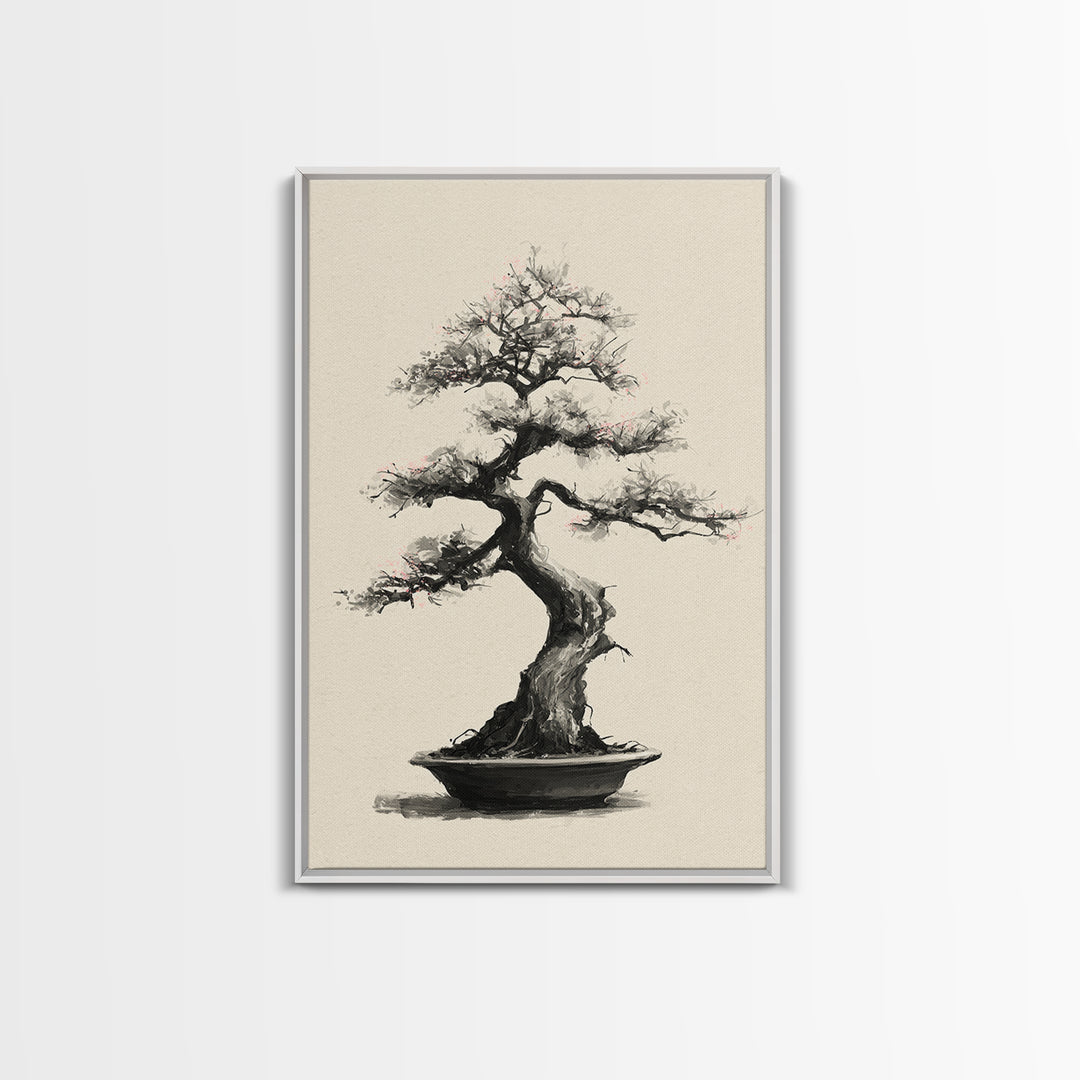 Delicate Bonsai Tree Traditional Ink Style Painting Wall Art Framed Canvas Print For Japanese Inspired Home Decor