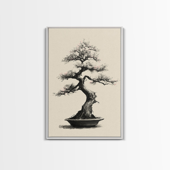 Delicate Bonsai Tree Traditional Ink Style Painting Wall Art Framed Canvas Print For Japanese Inspired Home Decor