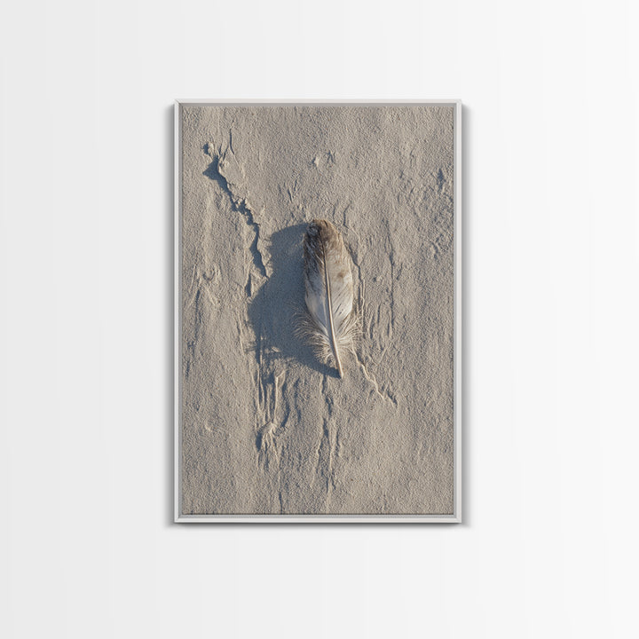 Beach Sand With Single Feather Close Up Minimalist Nature Photography Wall Art Print For Coastal Home Decor Framed Canvas Print