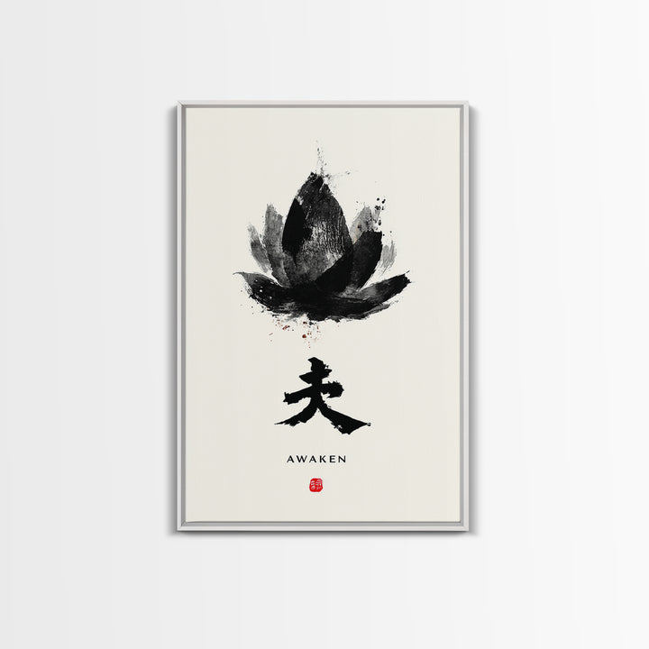 Abstract Black Lotus Flower Zen Awaken Japanese Calligraphy Painting Wall Art Framed Canvas Print Minimalist Home Decor