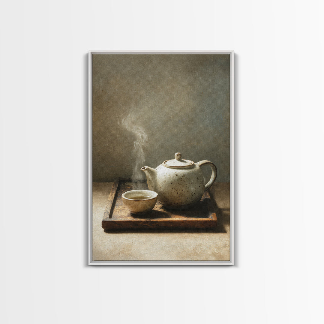 Minimalist Still Life With White Ceramic Teapot And Cup Steam Rising Wall Art Print Modern Canvas Print