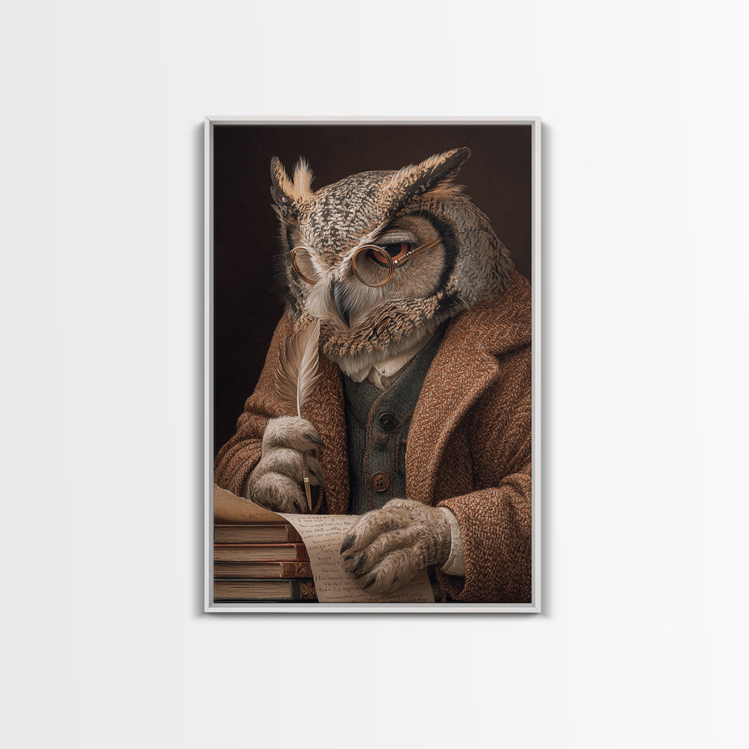 Wise Owl Scholar With Quill Wall Art, Whimsical Animal Portrait, Dark Academia Library Decor, Bird Art Print, Unique Gift